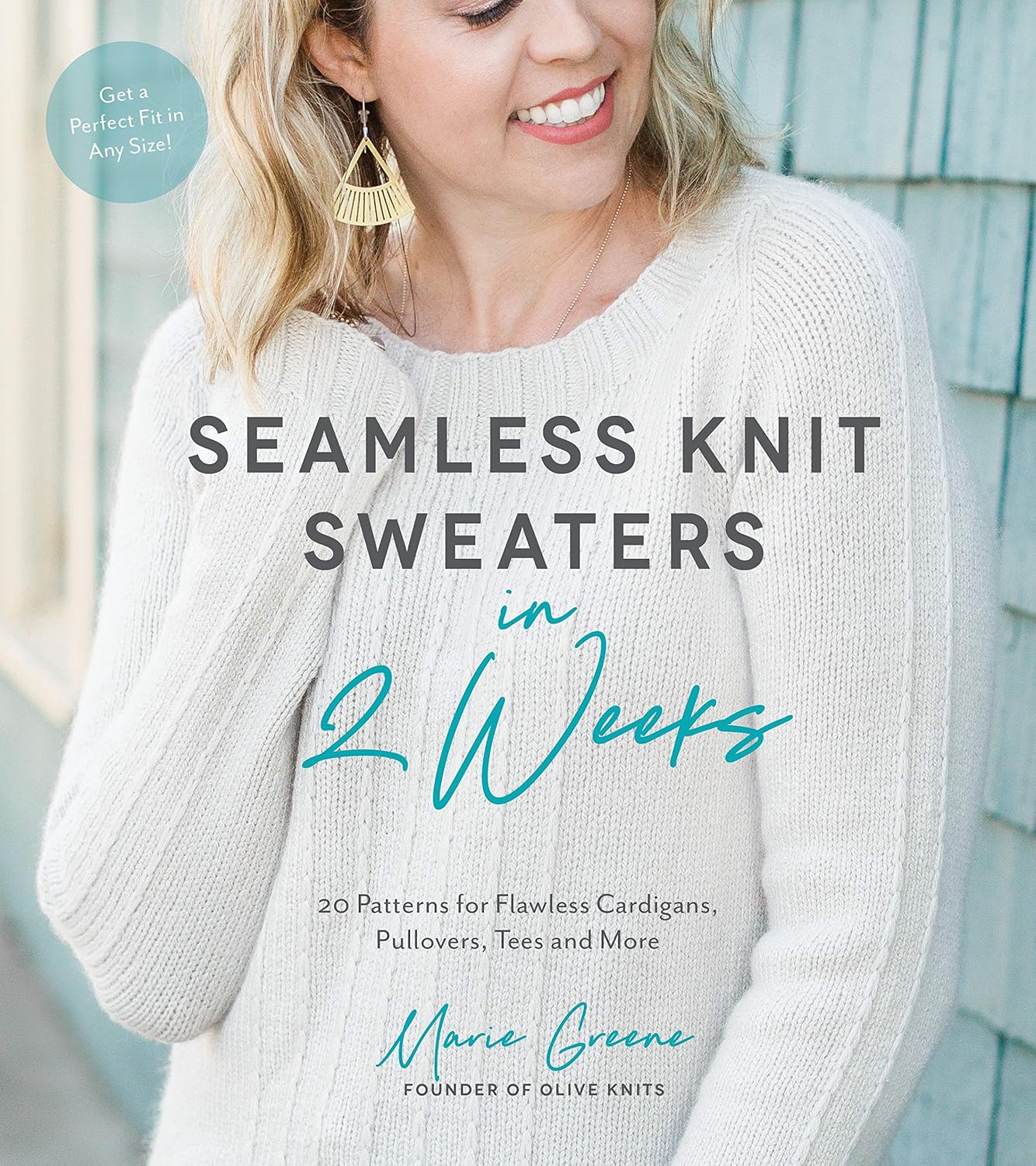 Woman wearing a white sweater with text about seamless knit sweaters and a brand logo.