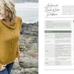 Woman wearing a mustard yellow sweater on a rocky beach with knitting pattern details on the right.