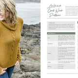 Woman wearing a mustard yellow sweater on a rocky beach with knitting pattern details on the right.
