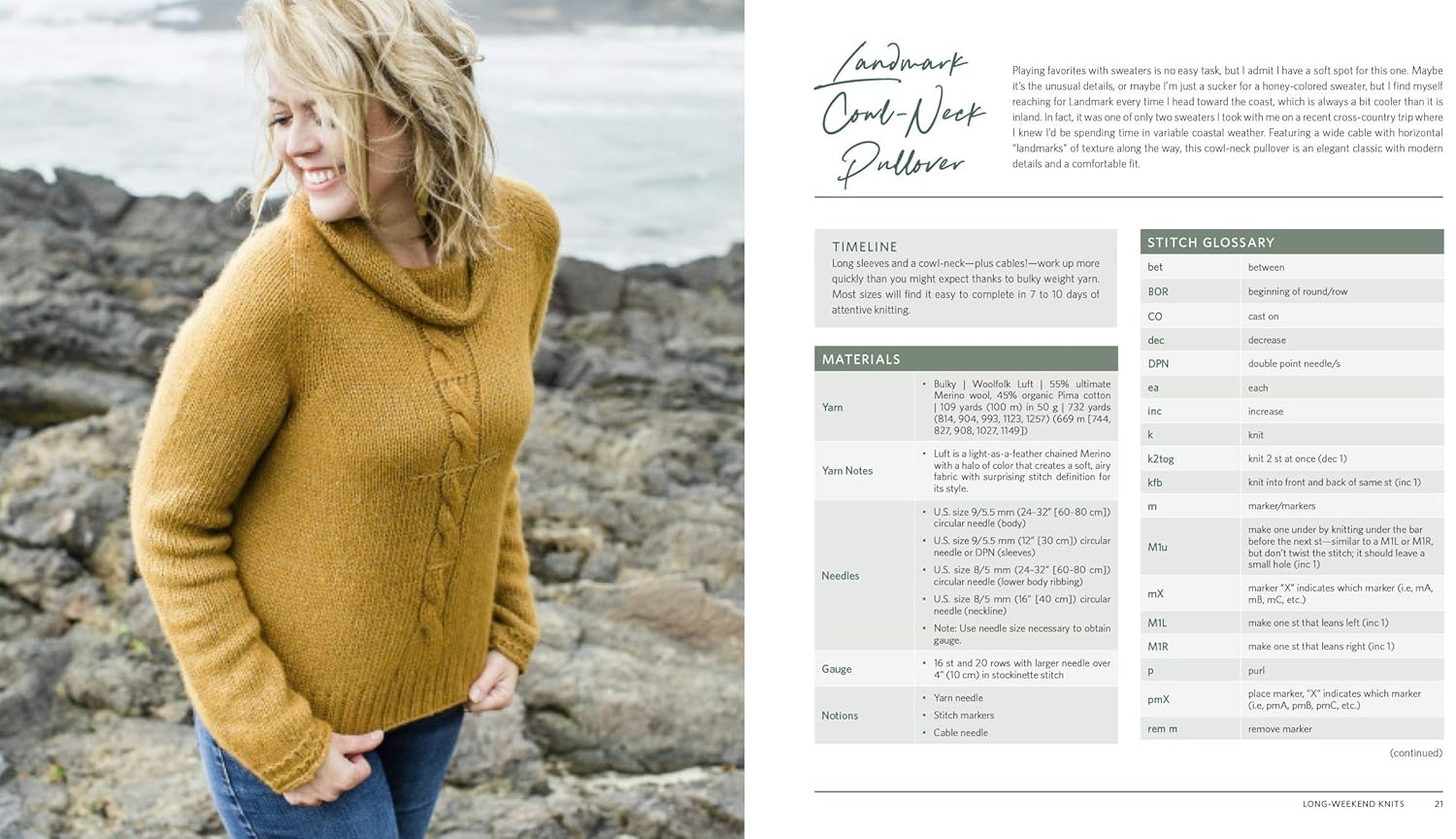 Woman wearing a mustard yellow sweater on a rocky beach with knitting pattern details on the right.