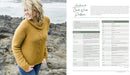 Woman wearing a mustard yellow sweater on a rocky beach with knitting pattern details on the right.