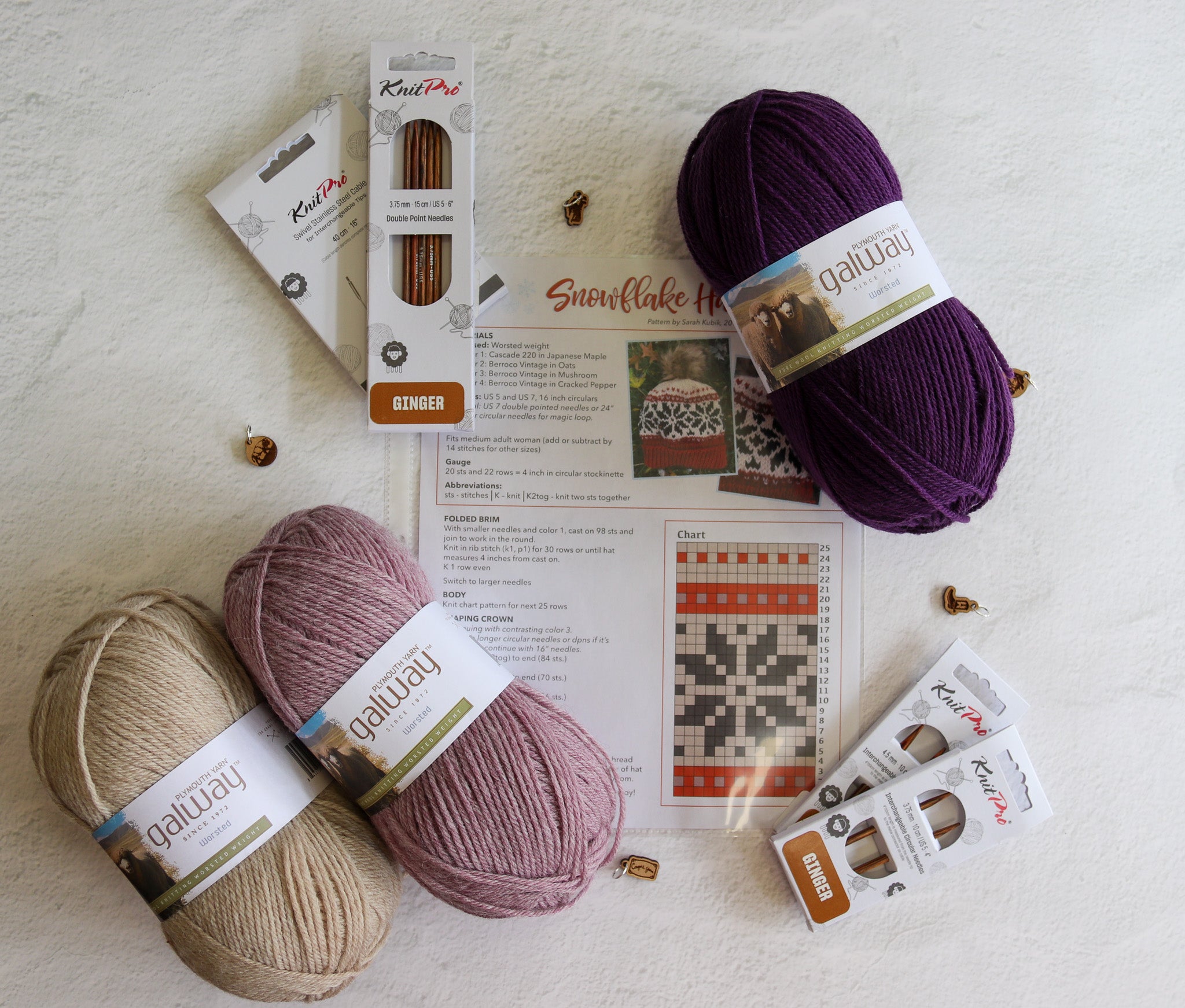 Two skeins of KnitPit yarn, one beige and one dusty mauve, displayed with their packaging, a knitting pattern sheet, and small decorative gold beads on a textured white background.