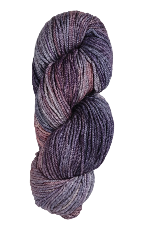 a skein of wool yarn in the color grey denim purple and coral