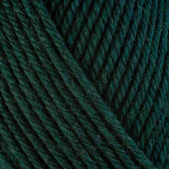 Detailed view of a skein of superwash wool yarn, showcasing a forest green hue.