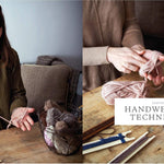 Woman demonstrating handweaving techniques with yarn and tools on a wooden table.
