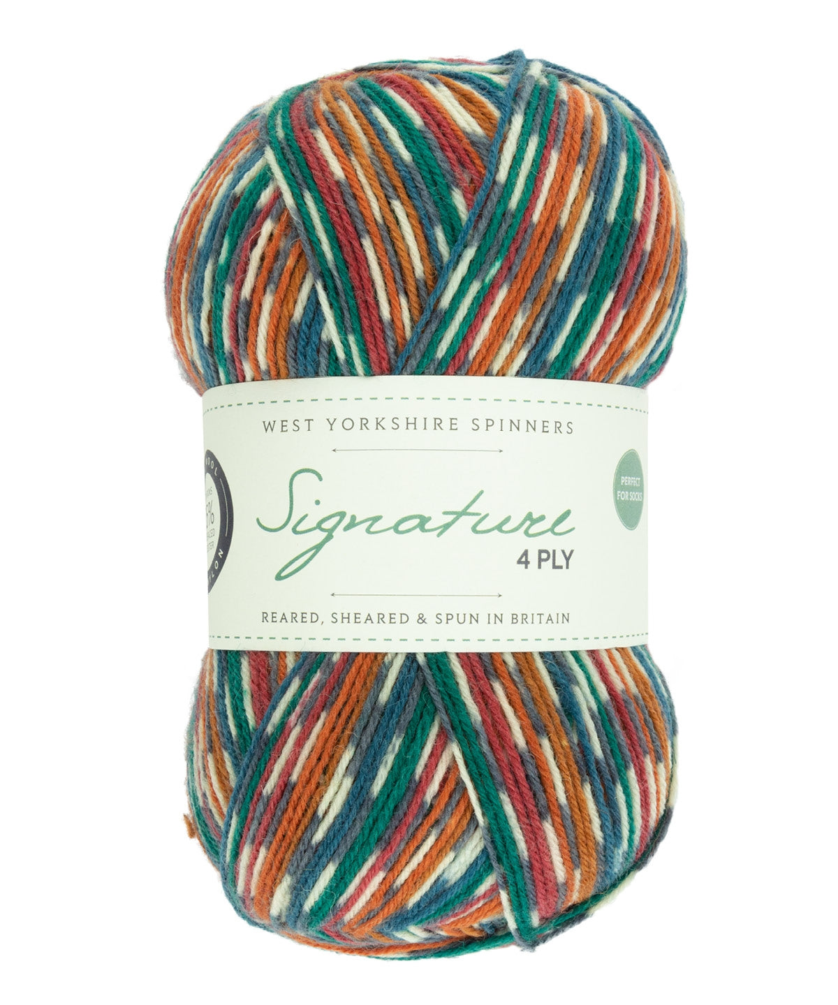 Skein of self striping yarn color red orange green white