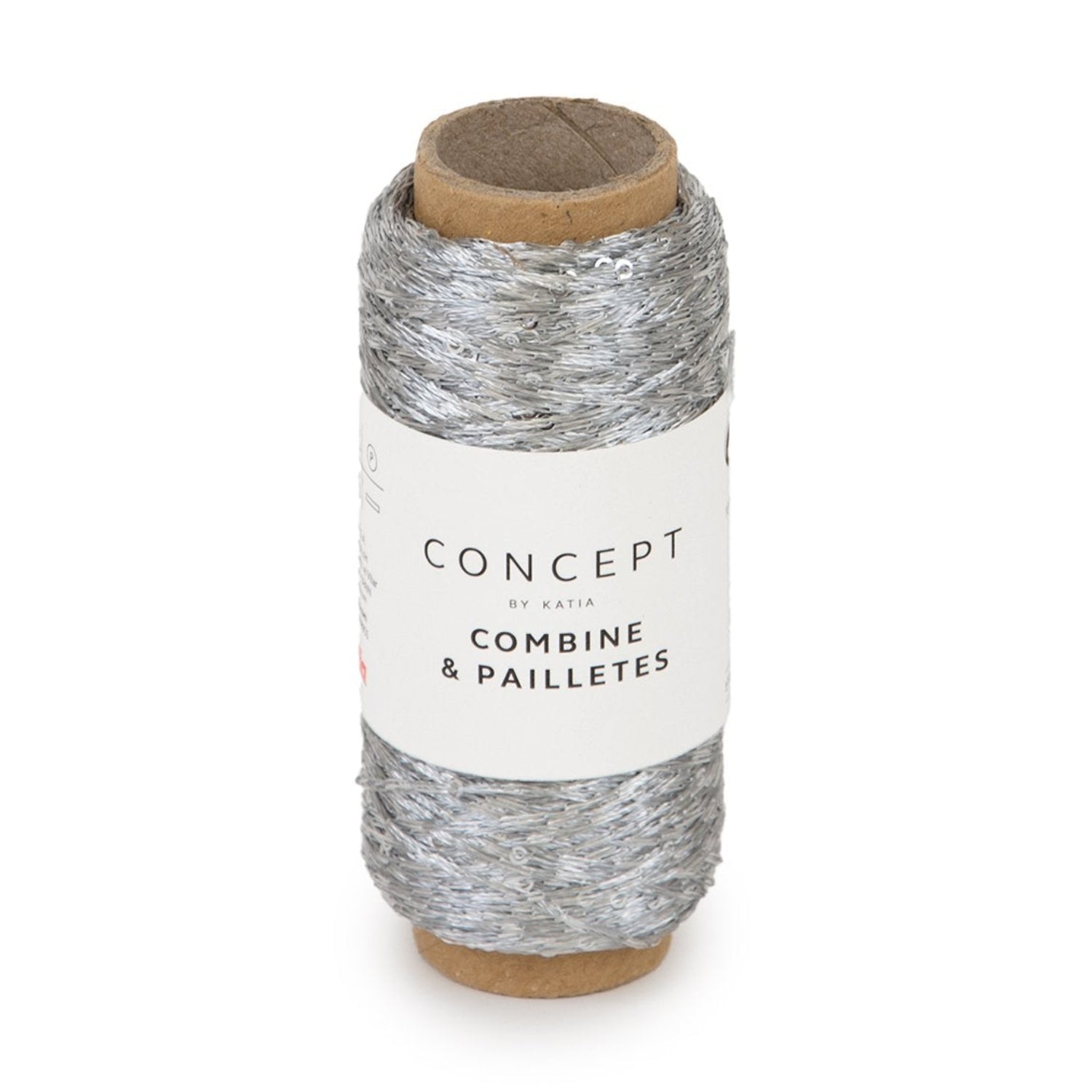 Spool of gray yarn with a cork base on a white background
