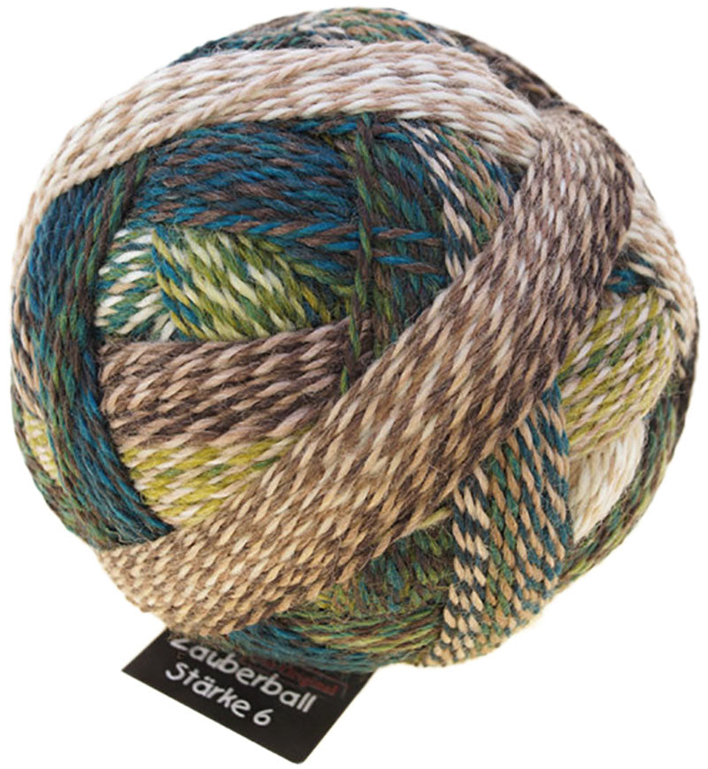 A photo of a colorful ball of Schoppel Zauberball Starke 6 yarn