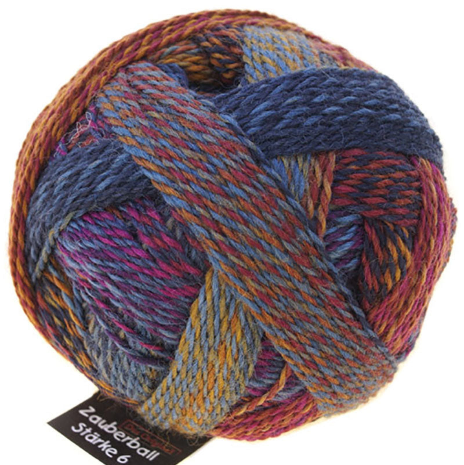 A photo of a colorful ball of Schoppel Zauberball Starke 6 yarn