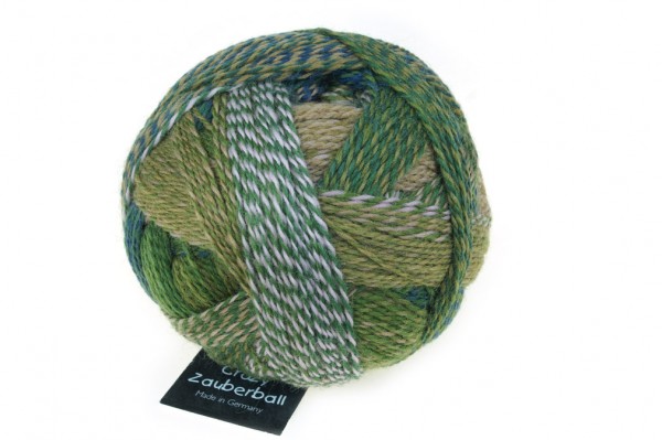 Schoppel Wolle Crazy Zauberball yarn color blue, green, and tan