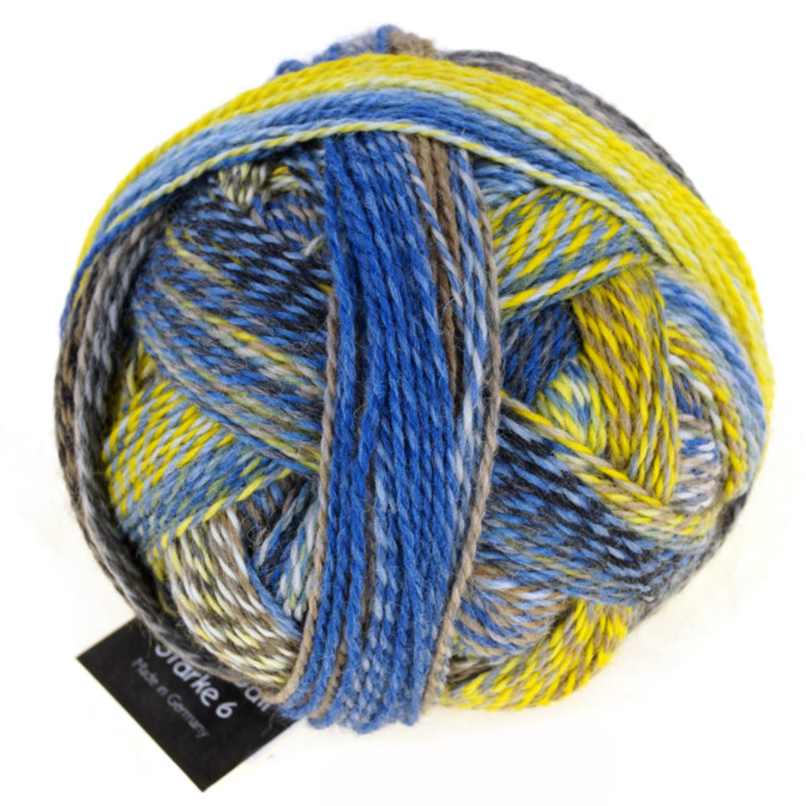 A photo of a colorful ball of Schoppel Zauberball Starke 6 yarn