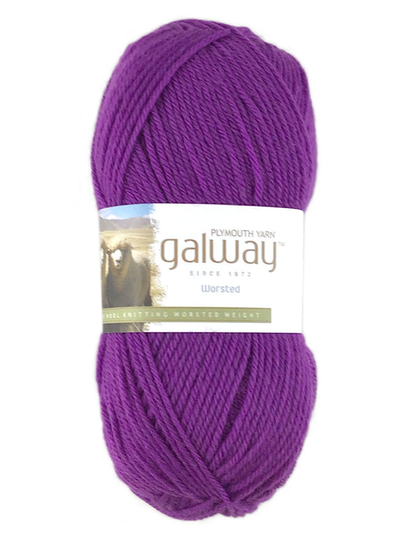 A purple skein of Plymouth Galway yarn