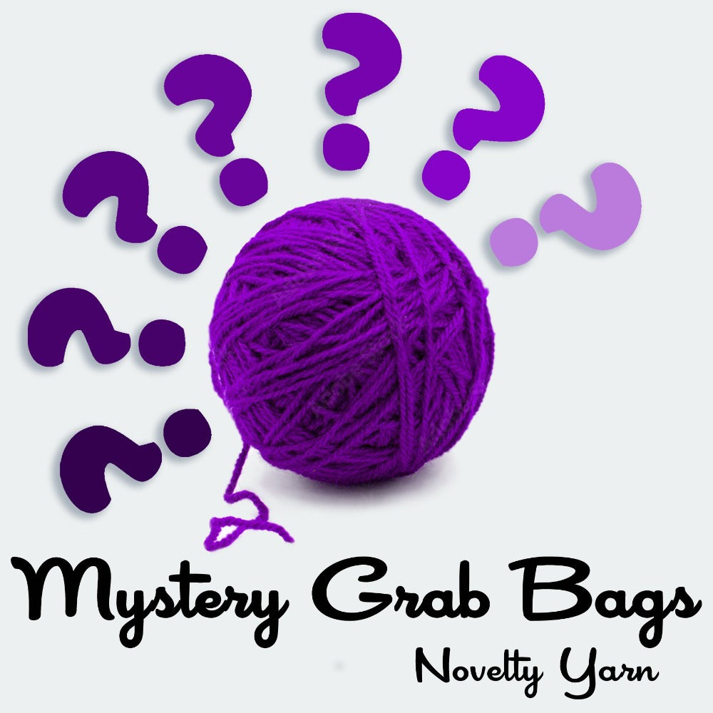 A graphic with yarn ball and questions marks that says Mystery Grab Bags Novelty Yarn