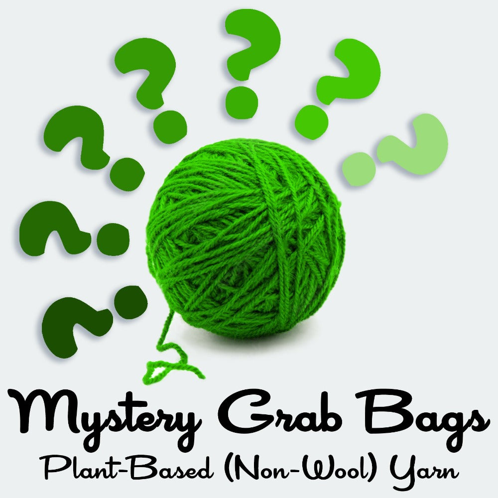 A graphic with yarn ball and questions marks that says Mystery Grab Bags Plant-Based (Non-Wool)yarn
