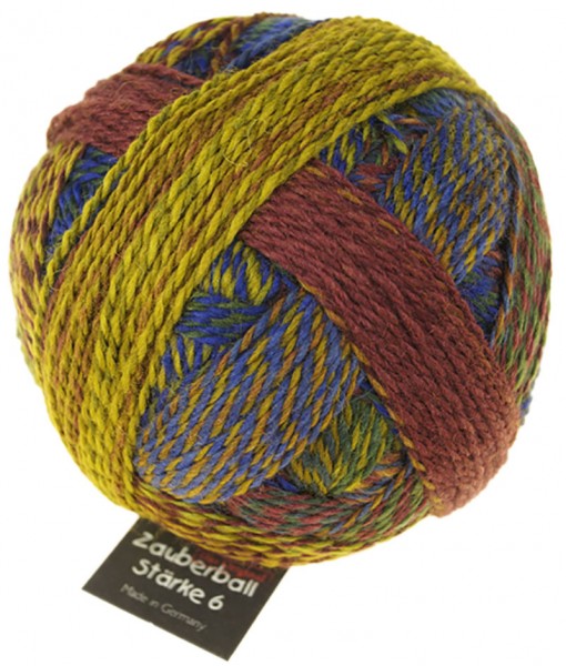 A photo of a colorful ball of Schoppel Zauberball Starke 6 yarn