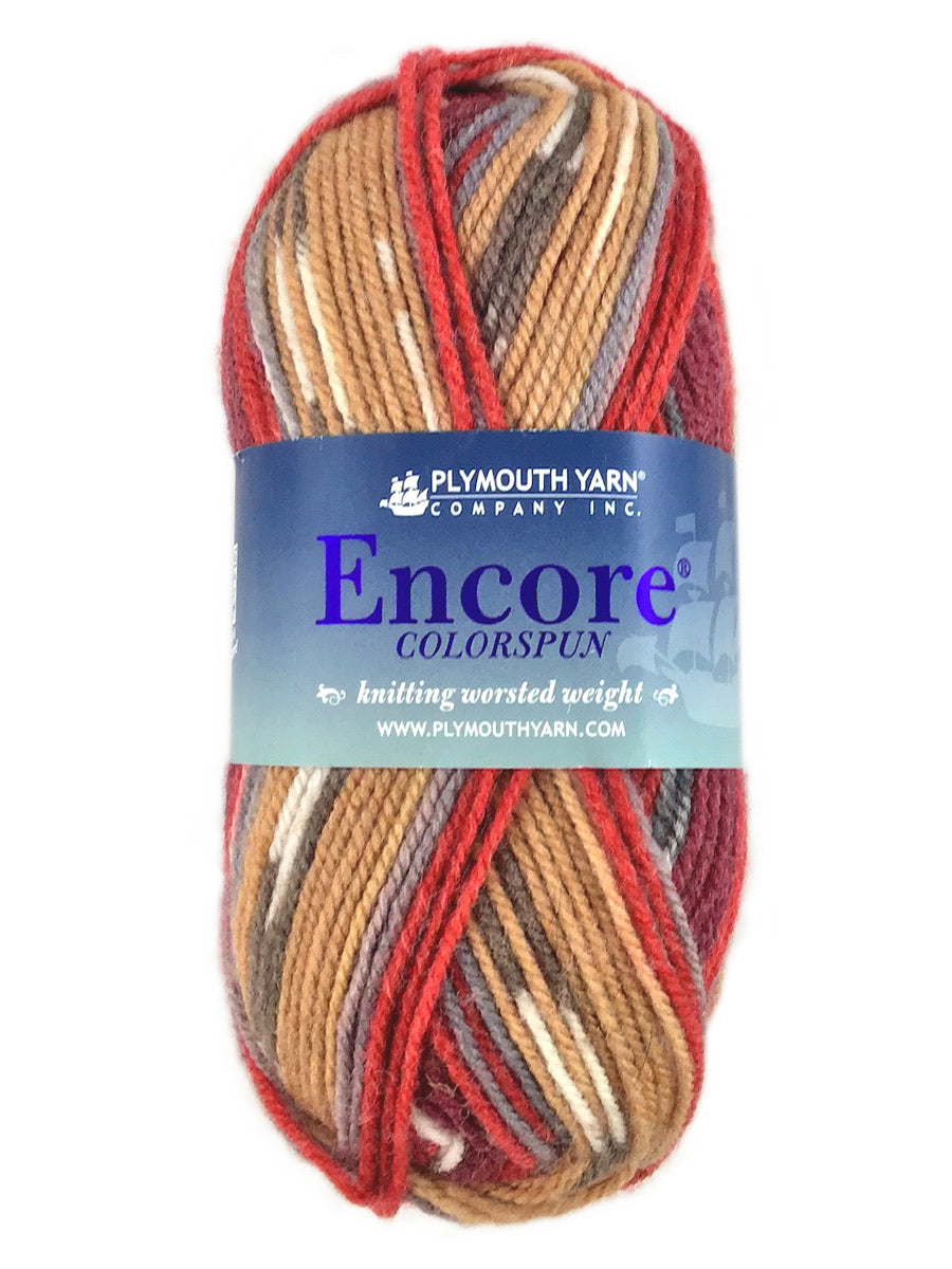 A red, orange, and black skein of Plymouth Encore Colorspun yarn