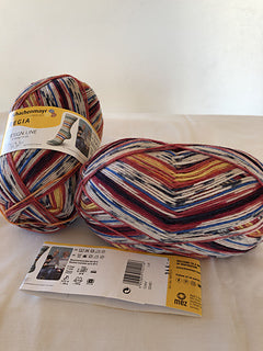 A photo of a colorful skein of Regia yarn