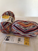 A photo of a colorful skein of Regia yarn