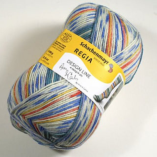 A photo of a colorful skein of Regia yarn