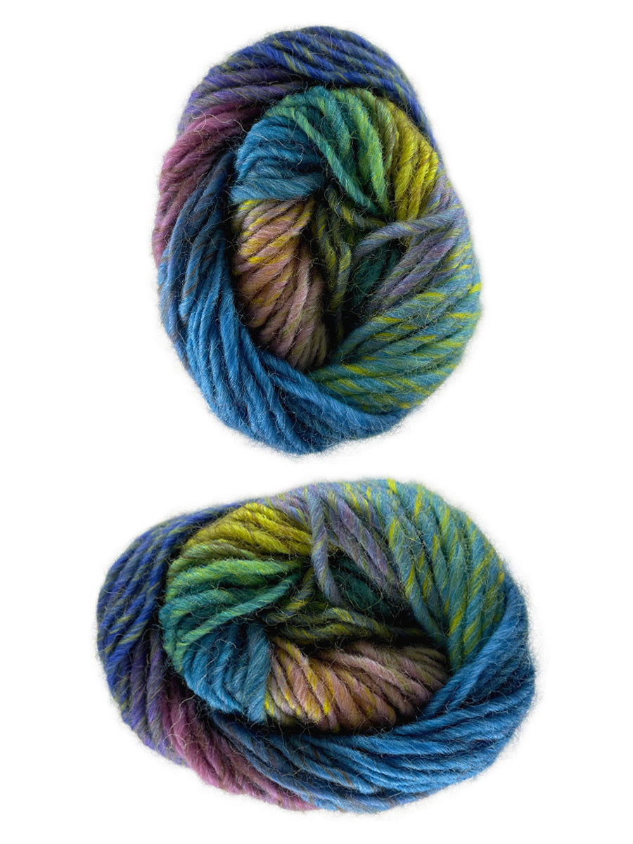 A photo of two blue, purple and yellow skeins of yarn
