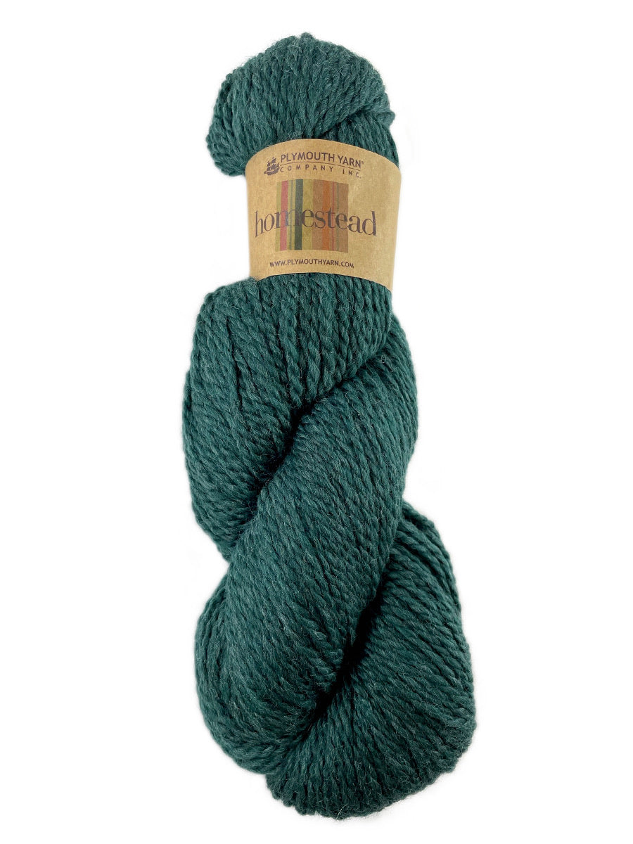 A green skein of Plymouth Homestead yarn