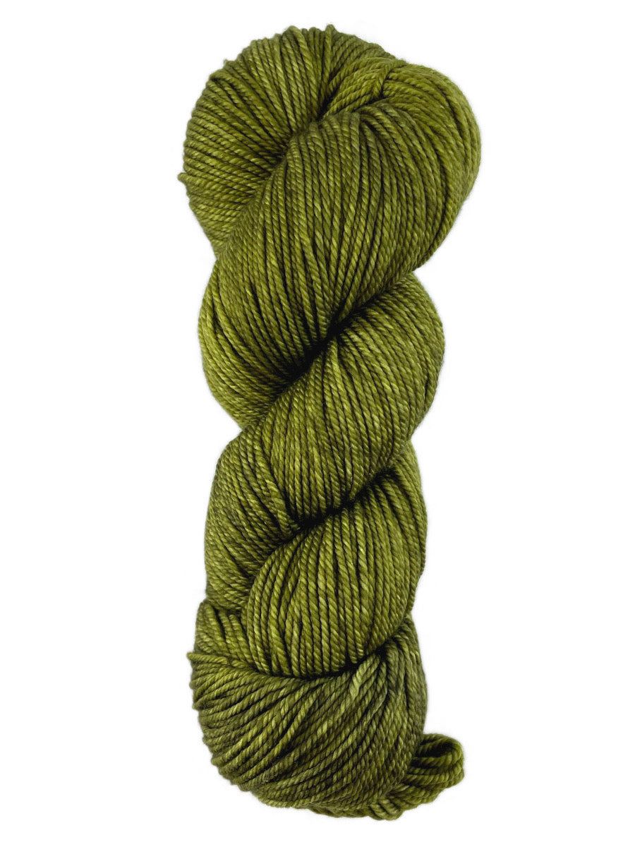 A green skein of Western Sky Knits Merino 17 DK yarn