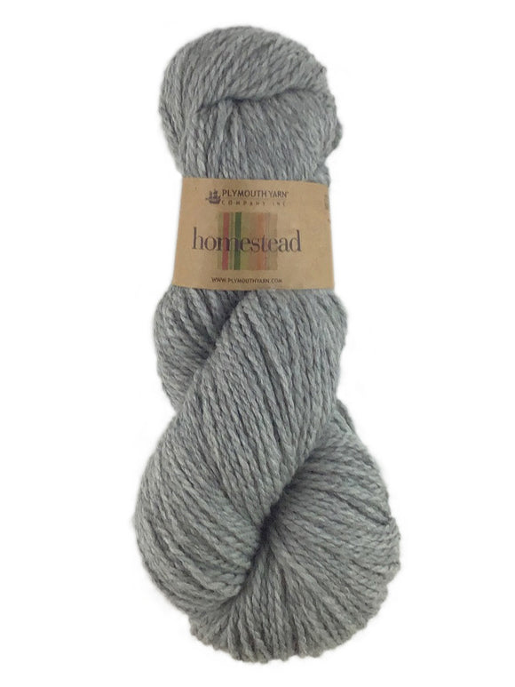 A gray skein of Plymouth Homestead yarn