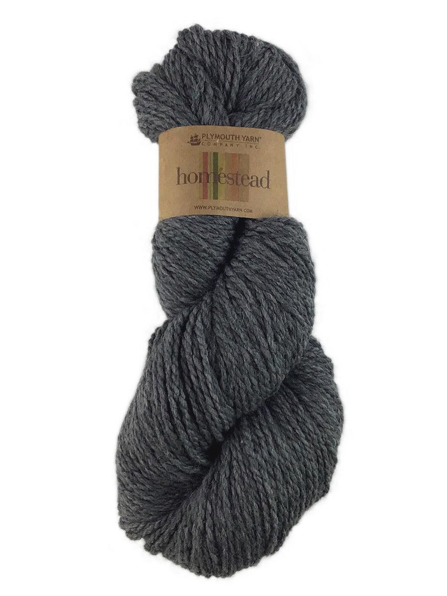 A gray skein of Plymouth Homestead yarn