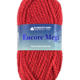 A red skein of Plymouth Encore Mega yarn