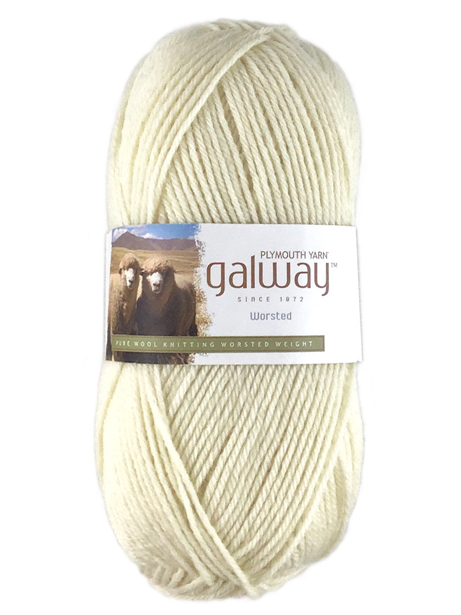 A white skein of Plymouth Galway yarn