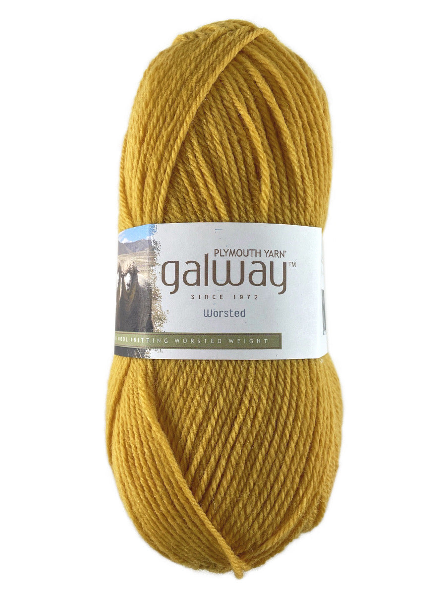 A yellow skein of Plymouth Galway yarn