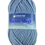 A blue skein of Plymouth Encore Mega yarn
