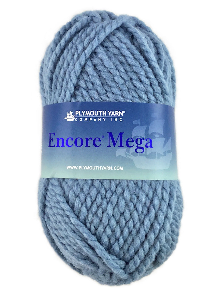 A blue skein of Plymouth Encore Mega yarn