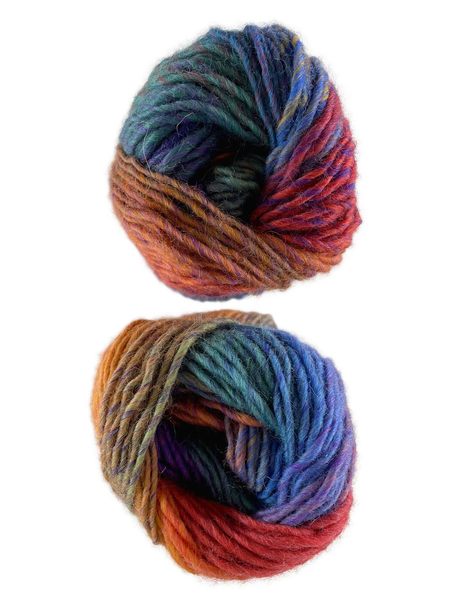 A photo of two blue, orange and red skeins of yarn