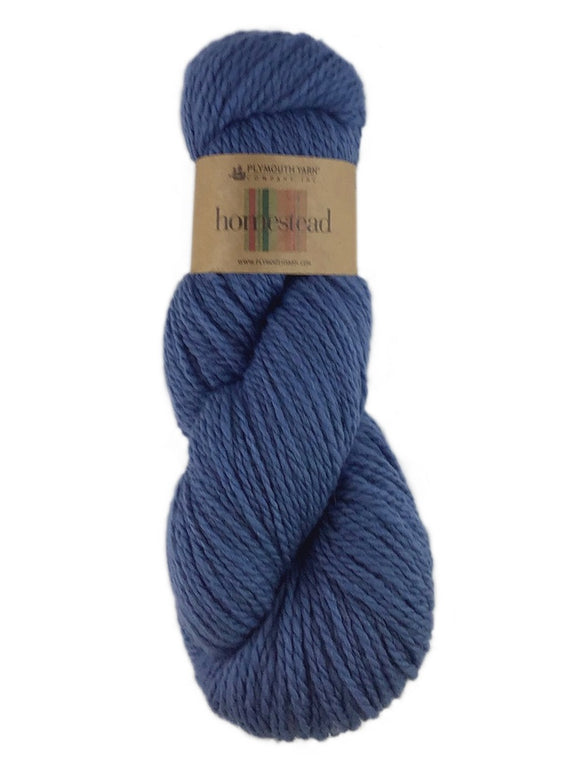 A blue skein of Plymouth Homestead yarn
