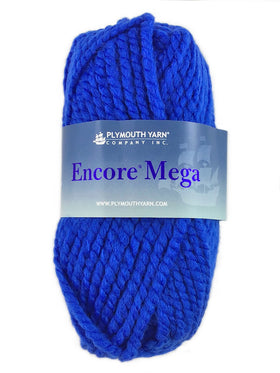 A blue skein of Plymouth Encore Mega yarn
