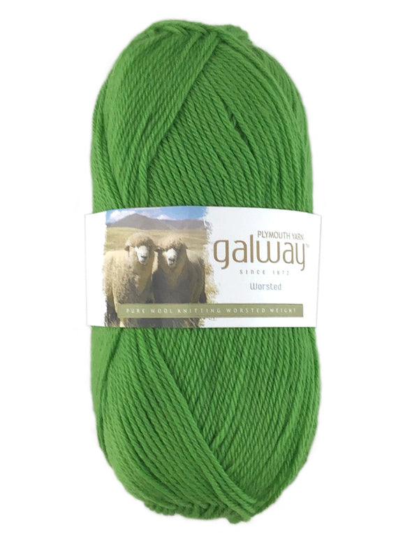 A green skein of Plymouth Galway yarn
