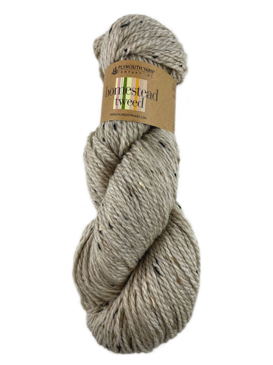 A brown skein of Plymouth Homestead Tweed yarn