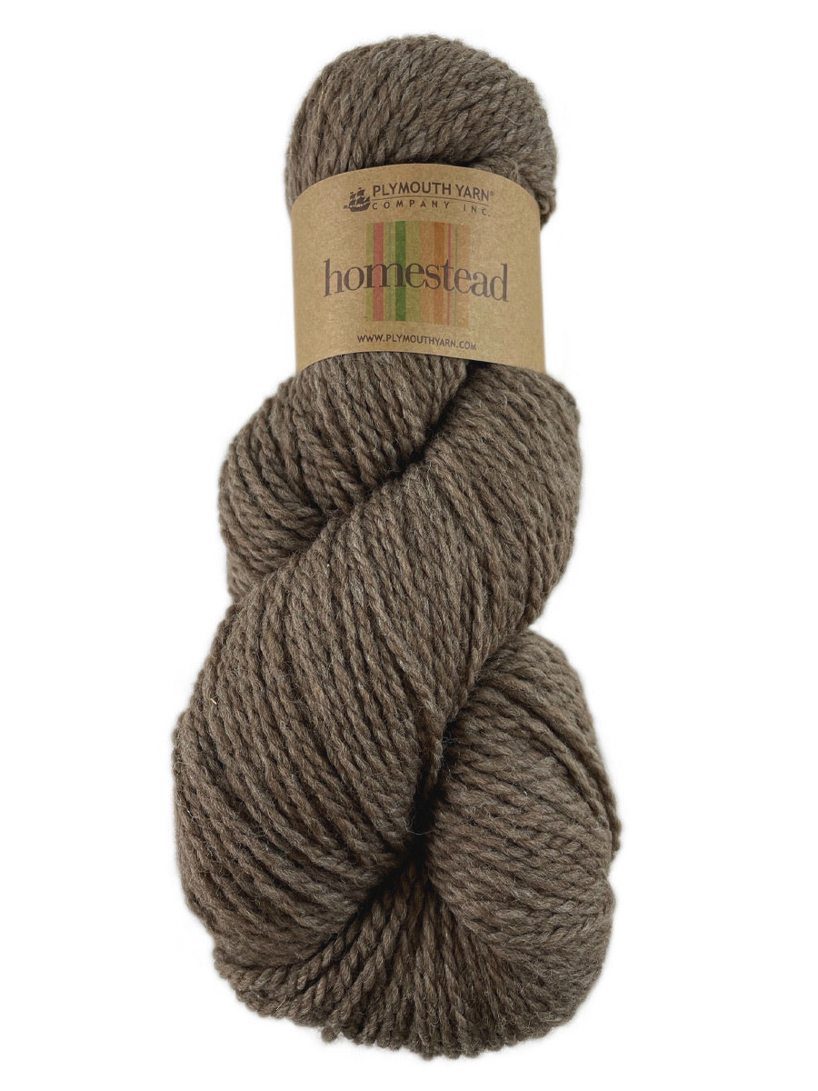 A brown skein of Plymouth Homestead yarn