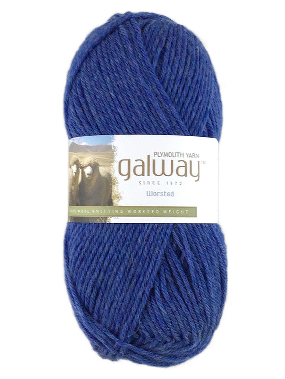 A blue skein of Plymouth Galway yarn