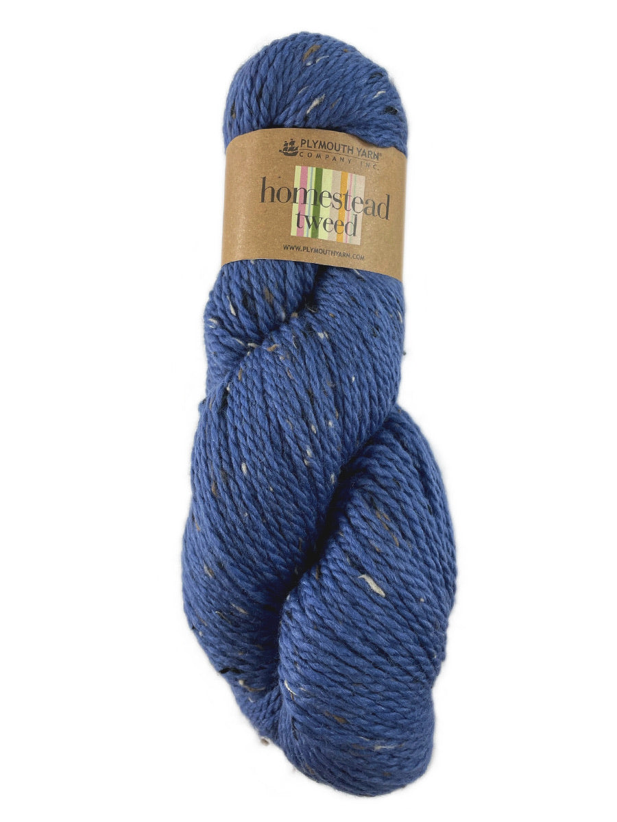 A blue skein of Plymouth Homestead Tweed yarn