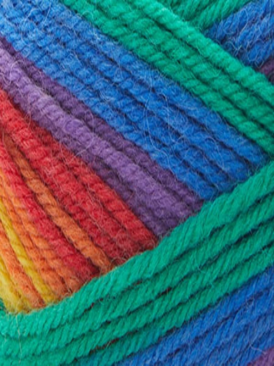 Close up of a skein of Deluxe Stripes in colorway 309 Crayon Box