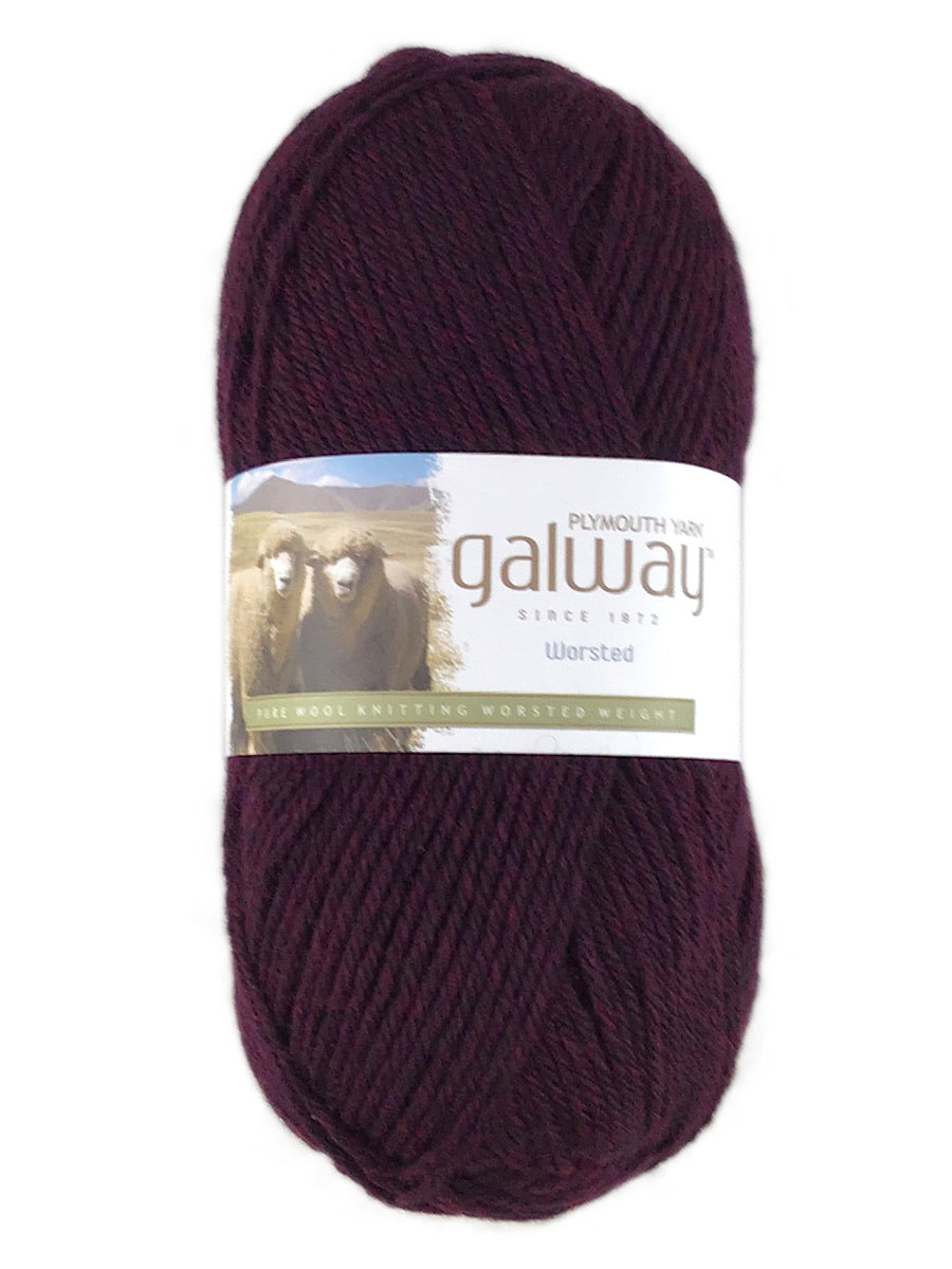 A purple skein of Plymouth Galway yarn