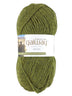 A green skein of Plymouth Galway yarn