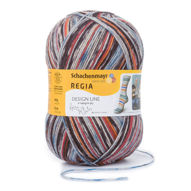 A photo of a colorful skein of Regia yarn