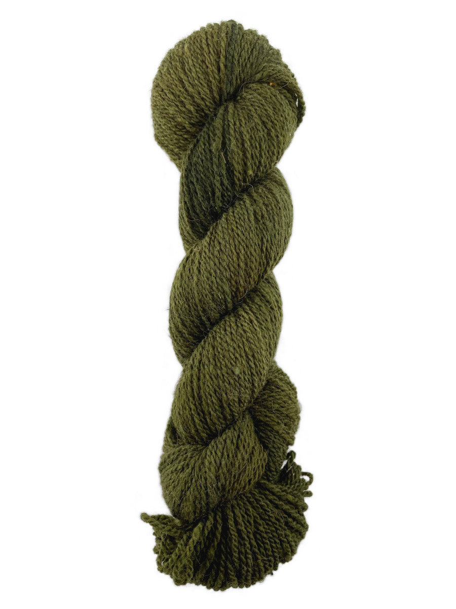 A green skein of Mountain Meadow Wool Mountain Down yarn