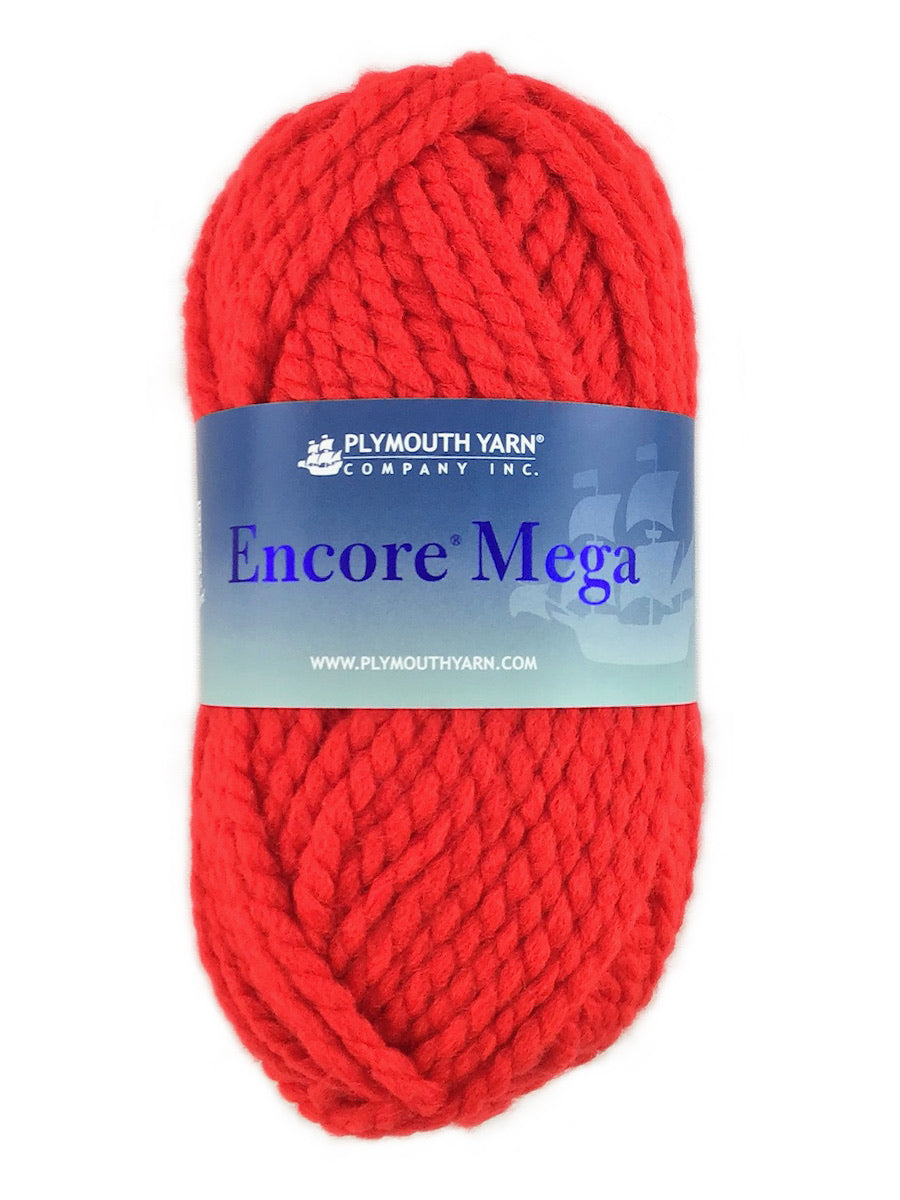 A red skein of Plymouth Encore Mega yarn
