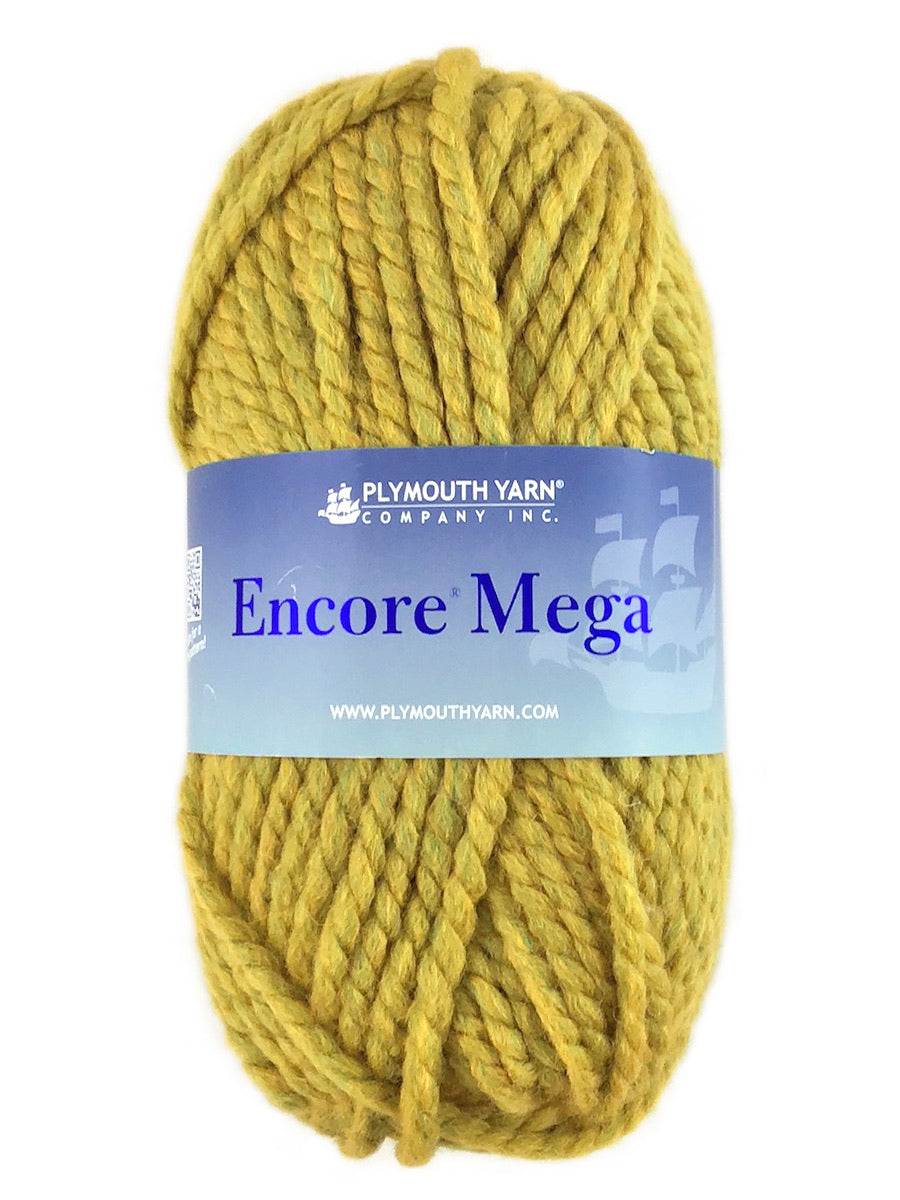A green skein of Plymouth Encore Mega yarn