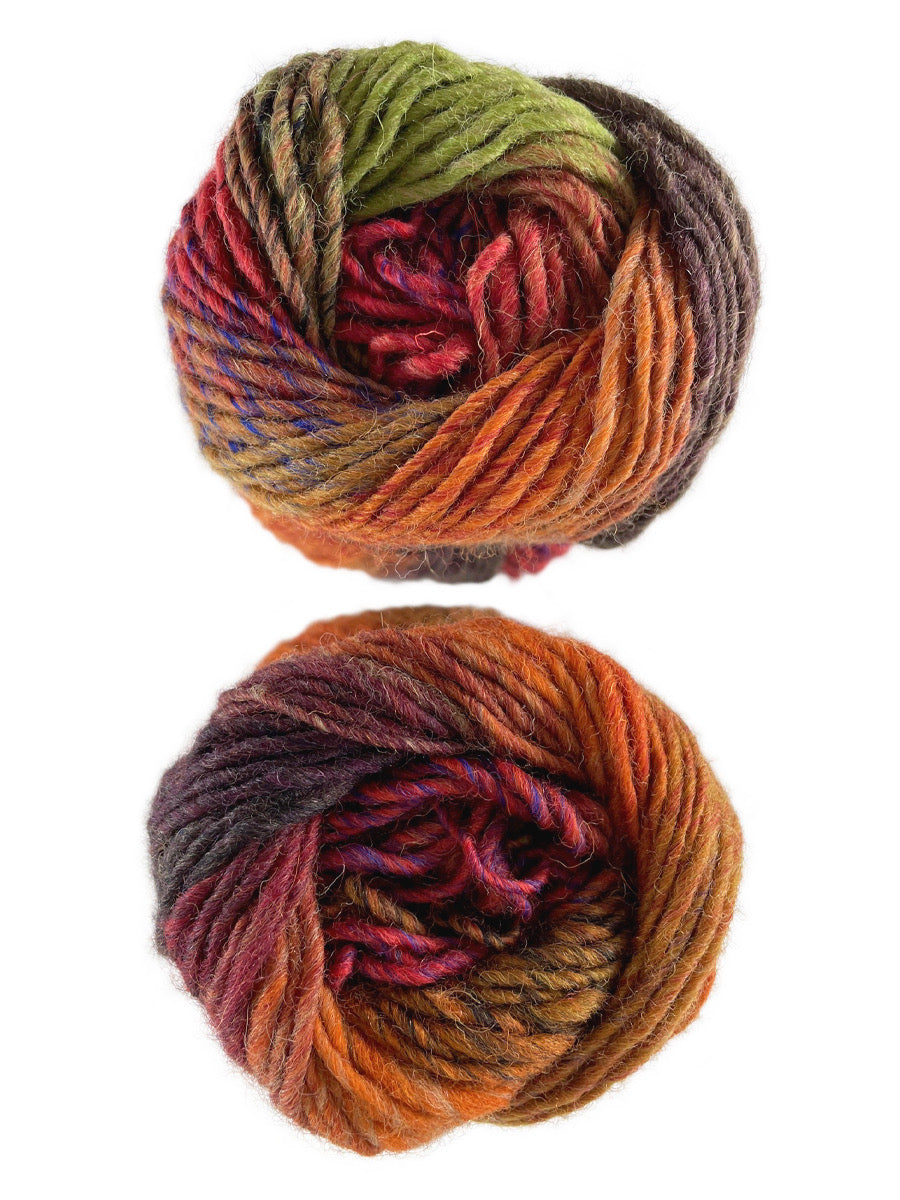 A photo of two orange, purple and green skeins of yarn