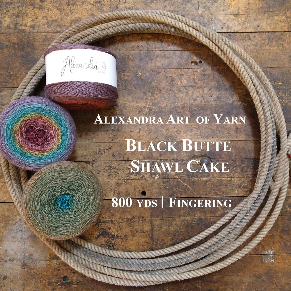 Photo of three colorful cakes of Black Butte yarn in a lasso on a wooden surface